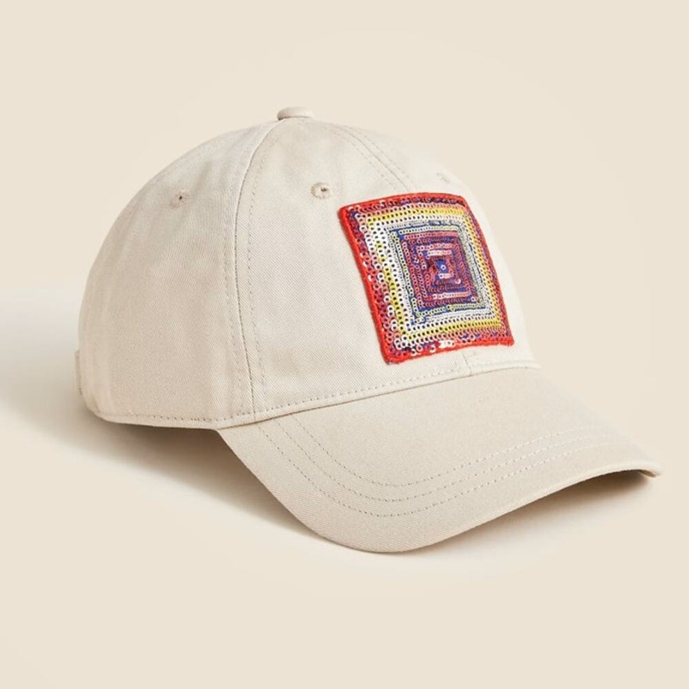 Christopher John Rogers J.Crew Baseball Hat WMNS OS Tan Red Adjustable Sequined